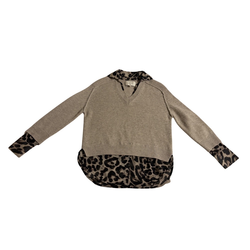 Brochu Walker Leopard Layered Look V-Neck Sweater Oatmeal Cashmere/Wool Tan XS